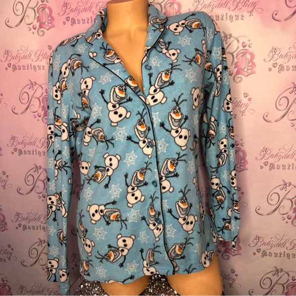 Disney Olaf PJ shirt button up long sleeve fleece soft cozy blue white orange - Picture 4 of 5